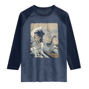 Funny Bigfoot Water Skiing Behind Nessie Raglan Shirt Ukiyoe Inspired Wave Art