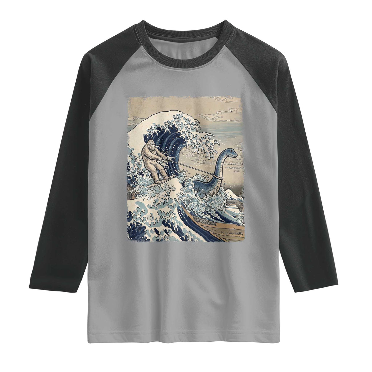 Funny Bigfoot Water Skiing Behind Nessie Raglan Shirt Ukiyoe Inspired Wave Art