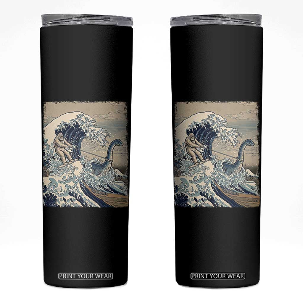 Funny Bigfoot Water Skiing Behind Nessie Skinny Tumbler Ukiyoe Inspired Wave Art