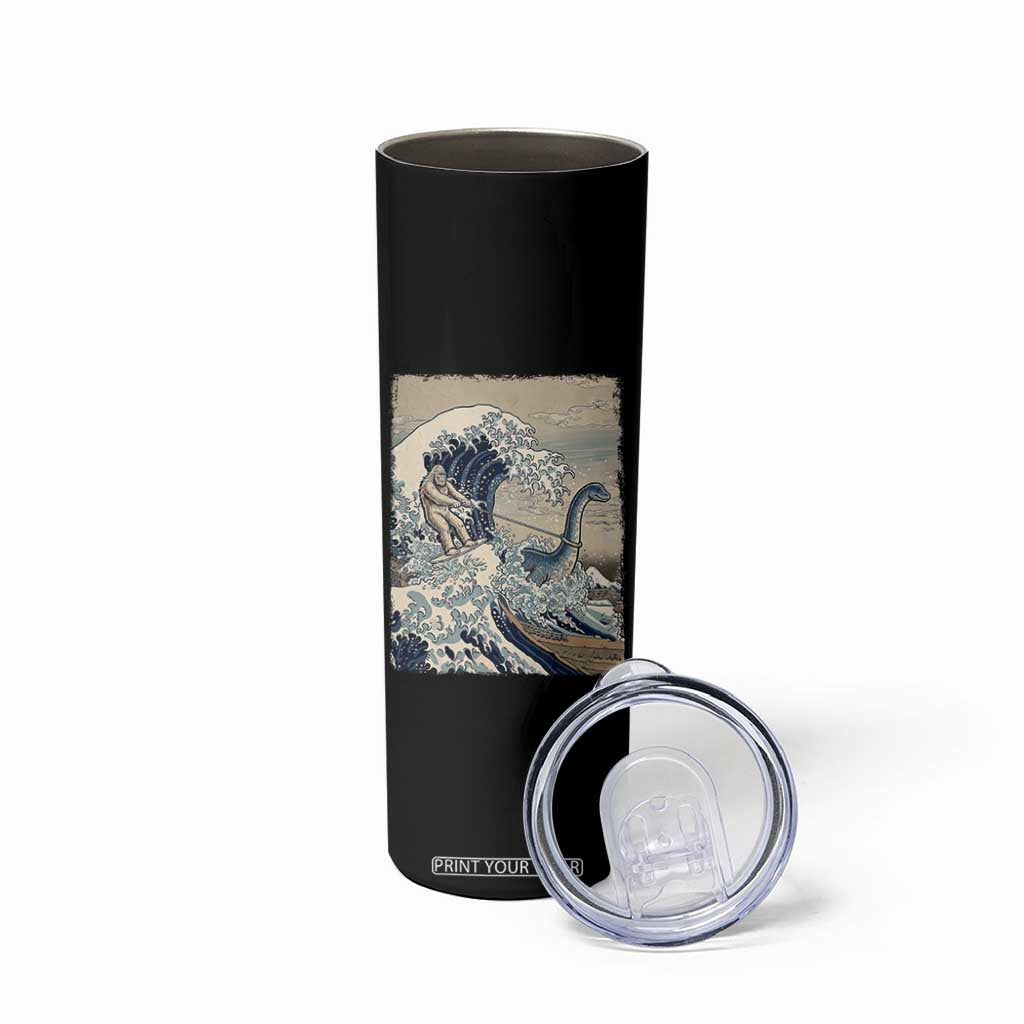 Funny Bigfoot Water Skiing Behind Nessie Skinny Tumbler Ukiyoe Inspired Wave Art