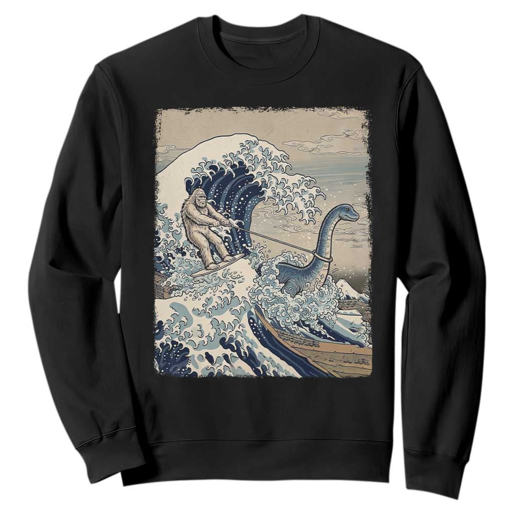 Funny Bigfoot Water Skiing Behind Nessie Sweatshirt Ukiyoe Inspired Wave Art