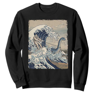 Funny Bigfoot Water Skiing Behind Nessie Sweatshirt Ukiyoe Inspired Wave Art