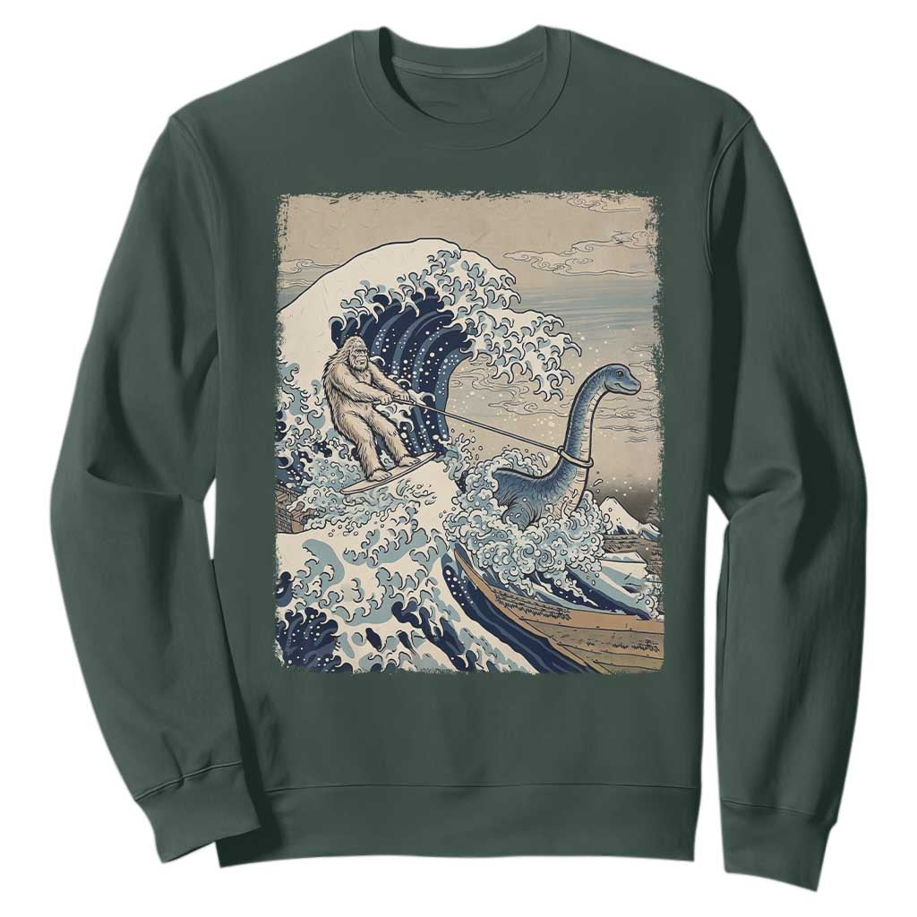 Funny Bigfoot Water Skiing Behind Nessie Sweatshirt Ukiyoe Inspired Wave Art
