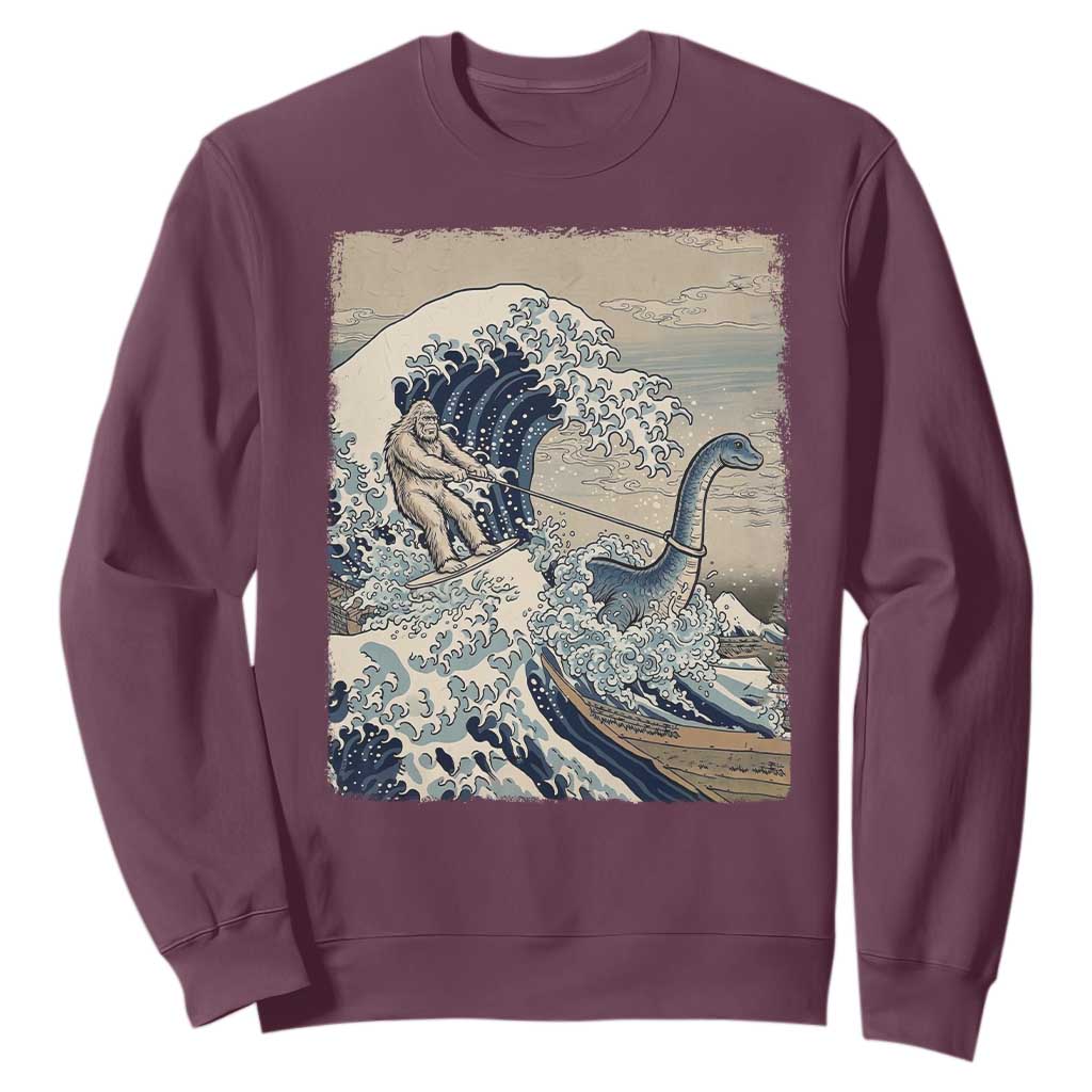 Funny Bigfoot Water Skiing Behind Nessie Sweatshirt Ukiyoe Inspired Wave Art