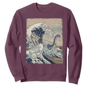 Funny Bigfoot Water Skiing Behind Nessie Sweatshirt Ukiyoe Inspired Wave Art