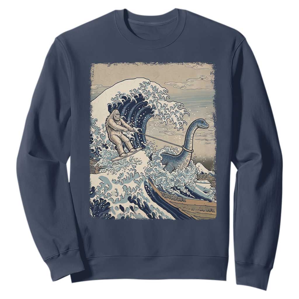 Funny Bigfoot Water Skiing Behind Nessie Sweatshirt Ukiyoe Inspired Wave Art