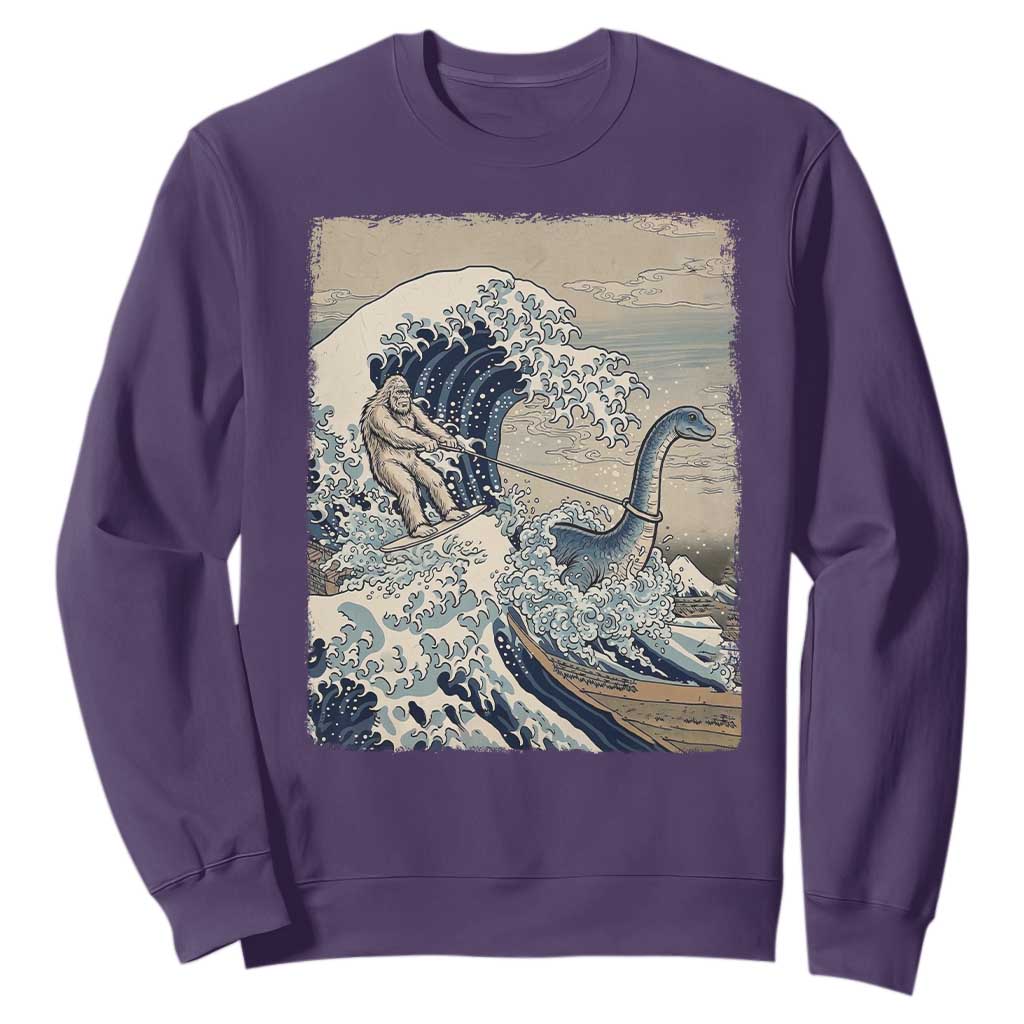 Funny Bigfoot Water Skiing Behind Nessie Sweatshirt Ukiyoe Inspired Wave Art
