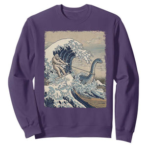 Funny Bigfoot Water Skiing Behind Nessie Sweatshirt Ukiyoe Inspired Wave Art