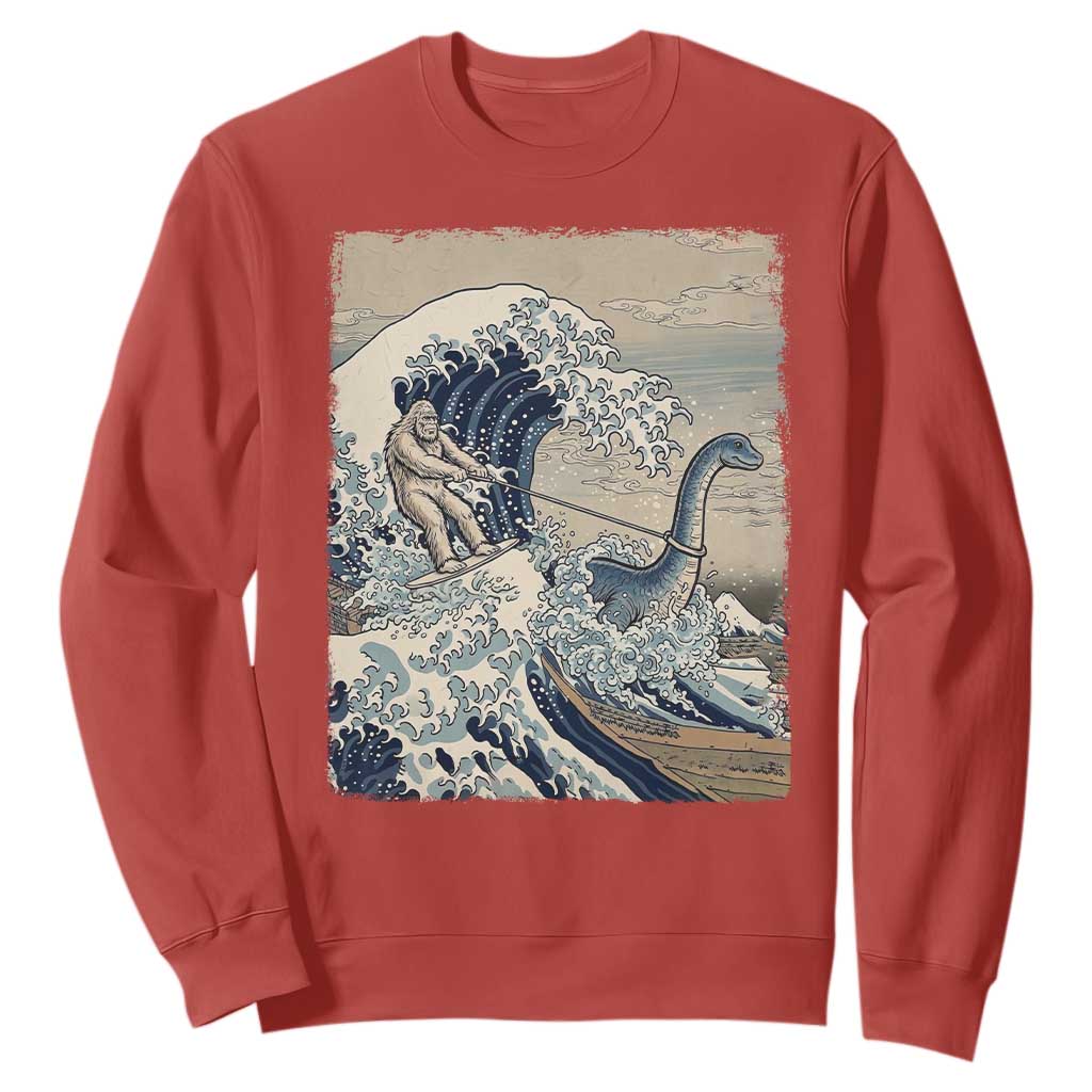 Funny Bigfoot Water Skiing Behind Nessie Sweatshirt Ukiyoe Inspired Wave Art