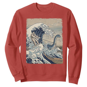 Funny Bigfoot Water Skiing Behind Nessie Sweatshirt Ukiyoe Inspired Wave Art