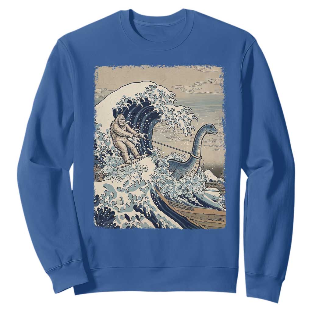 Funny Bigfoot Water Skiing Behind Nessie Sweatshirt Ukiyoe Inspired Wave Art