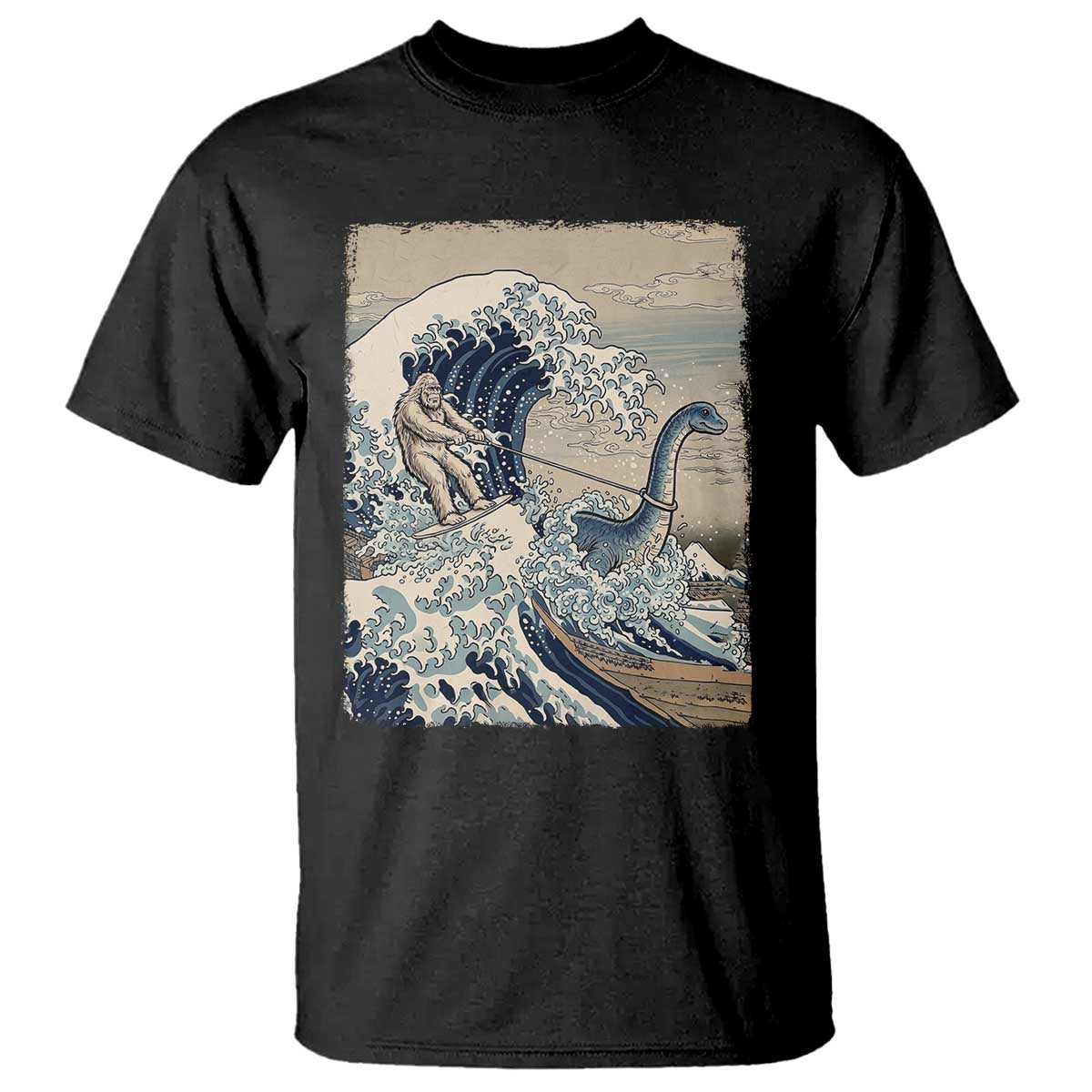 Funny Bigfoot Water Skiing Behind Nessie T Shirt Ukiyoe Inspired Wave Art TS12 Black Print Your Wear