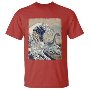 Funny Bigfoot Water Skiing Behind Nessie T Shirt Ukiyoe Inspired Wave Art