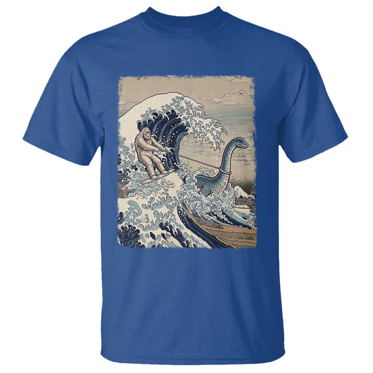 Funny Bigfoot Water Skiing Behind Nessie T Shirt Ukiyoe Inspired Wave Art