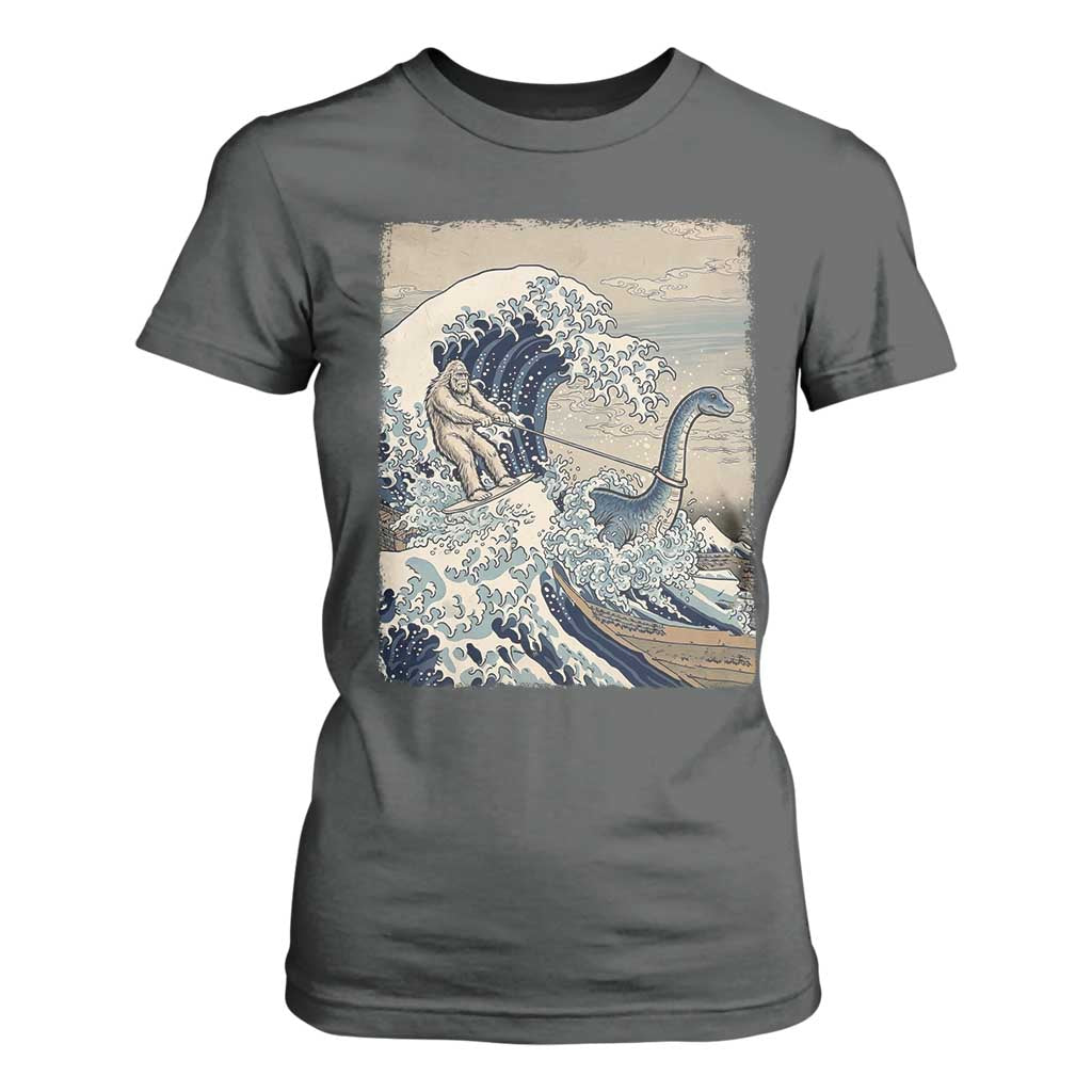 Funny Bigfoot Water Skiing Behind Nessie T Shirt For Women Ukiyoe Inspired Wave Art