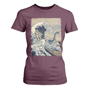 Funny Bigfoot Water Skiing Behind Nessie T Shirt For Women Ukiyoe Inspired Wave Art