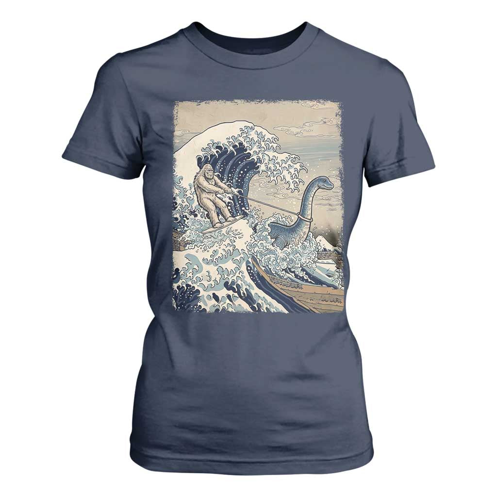 Funny Bigfoot Water Skiing Behind Nessie T Shirt For Women Ukiyoe Inspired Wave Art