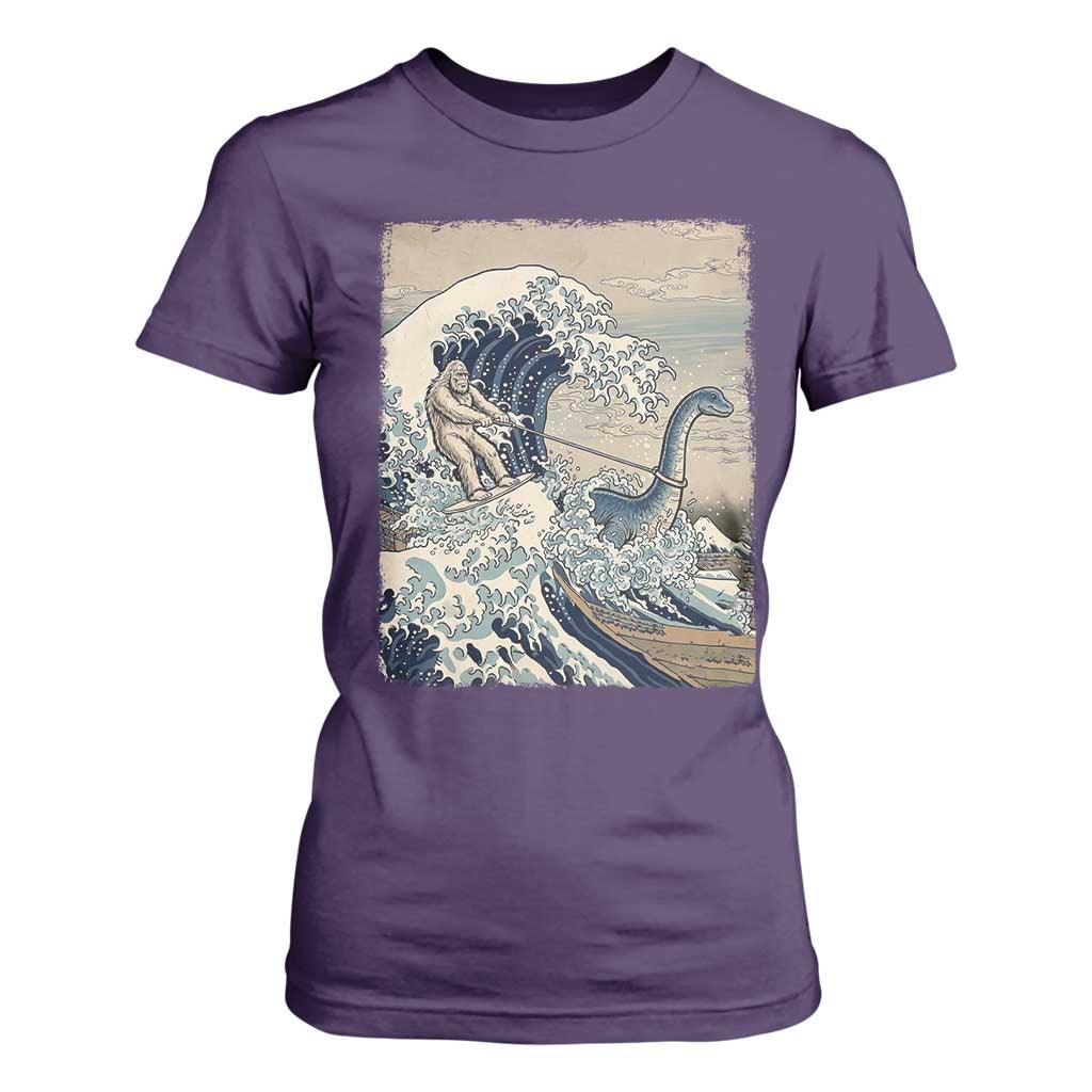 Funny Bigfoot Water Skiing Behind Nessie T Shirt For Women Ukiyoe Inspired Wave Art