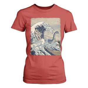 Funny Bigfoot Water Skiing Behind Nessie T Shirt For Women Ukiyoe Inspired Wave Art