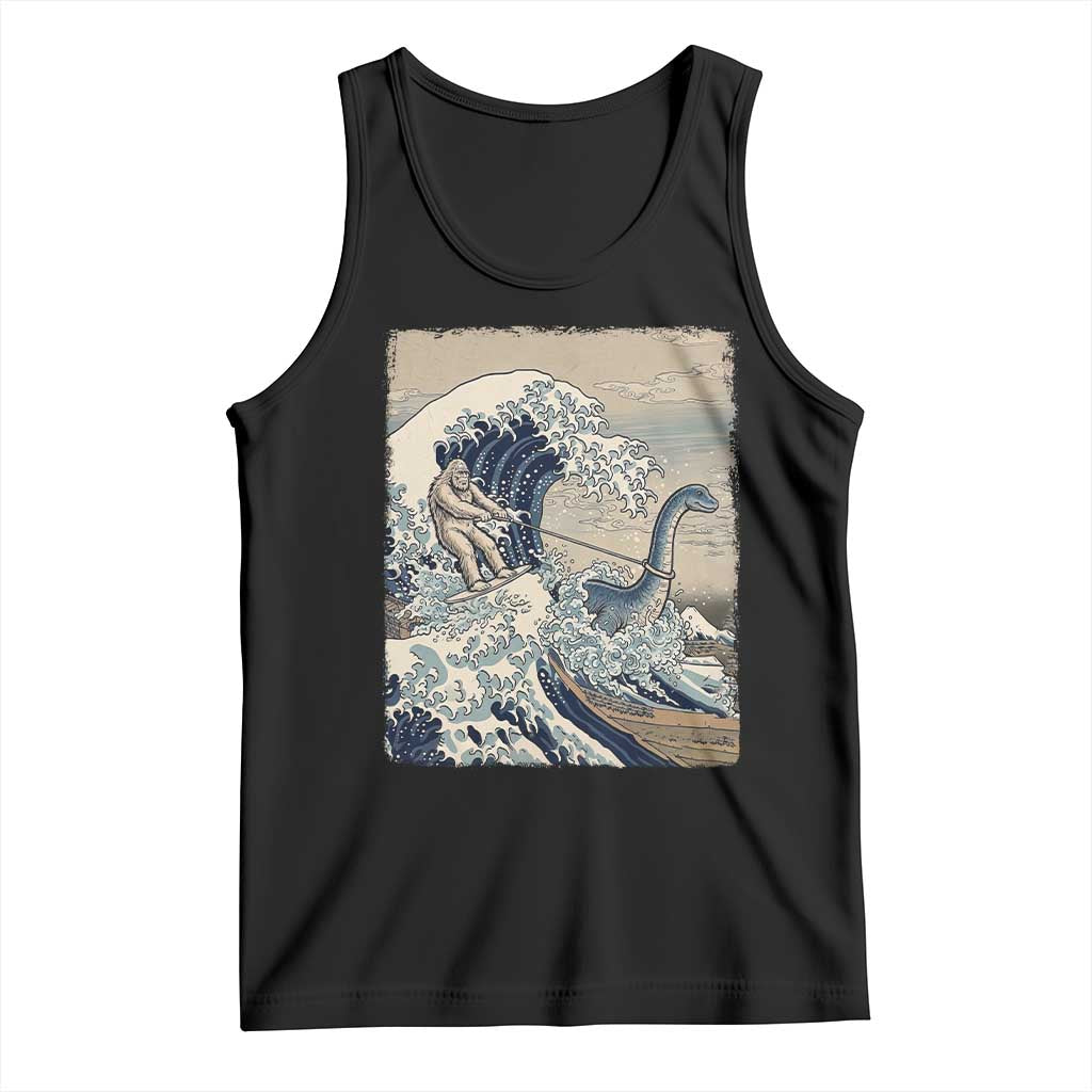 Funny Bigfoot Water Skiing Behind Nessie Tank Top Ukiyoe Inspired Wave Art TS12 Black Print Your Wear