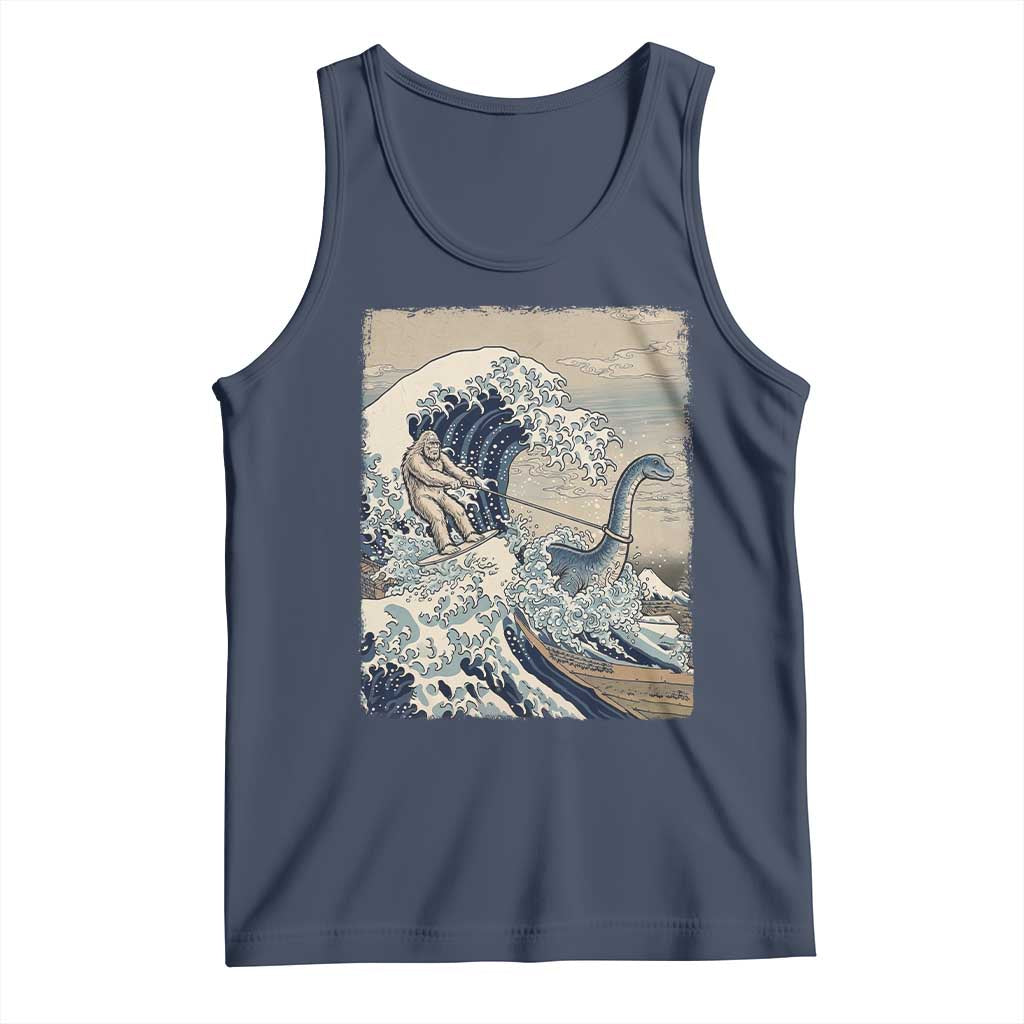 Funny Bigfoot Water Skiing Behind Nessie Tank Top Ukiyoe Inspired Wave Art