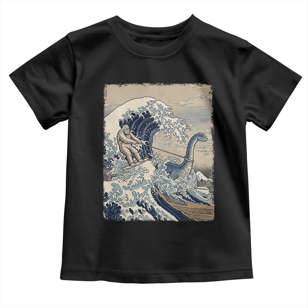 Funny Bigfoot Water Skiing Behind Nessie Toddler T Shirt Ukiyoe Inspired Wave Art