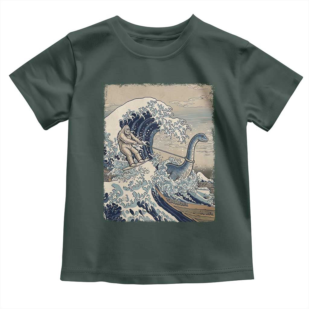 Funny Bigfoot Water Skiing Behind Nessie Toddler T Shirt Ukiyoe Inspired Wave Art