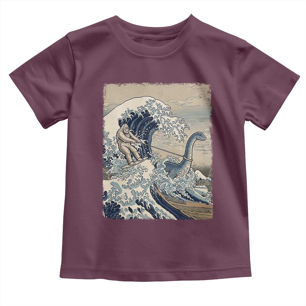 Funny Bigfoot Water Skiing Behind Nessie Toddler T Shirt Ukiyoe Inspired Wave Art