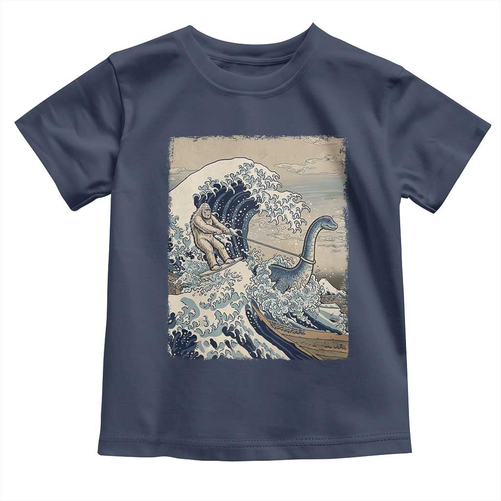 Funny Bigfoot Water Skiing Behind Nessie Toddler T Shirt Ukiyoe Inspired Wave Art