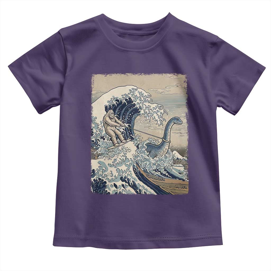 Funny Bigfoot Water Skiing Behind Nessie Toddler T Shirt Ukiyoe Inspired Wave Art