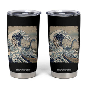 Funny Bigfoot Water Skiing Behind Nessie Tumbler Cup Ukiyoe Inspired Wave Art