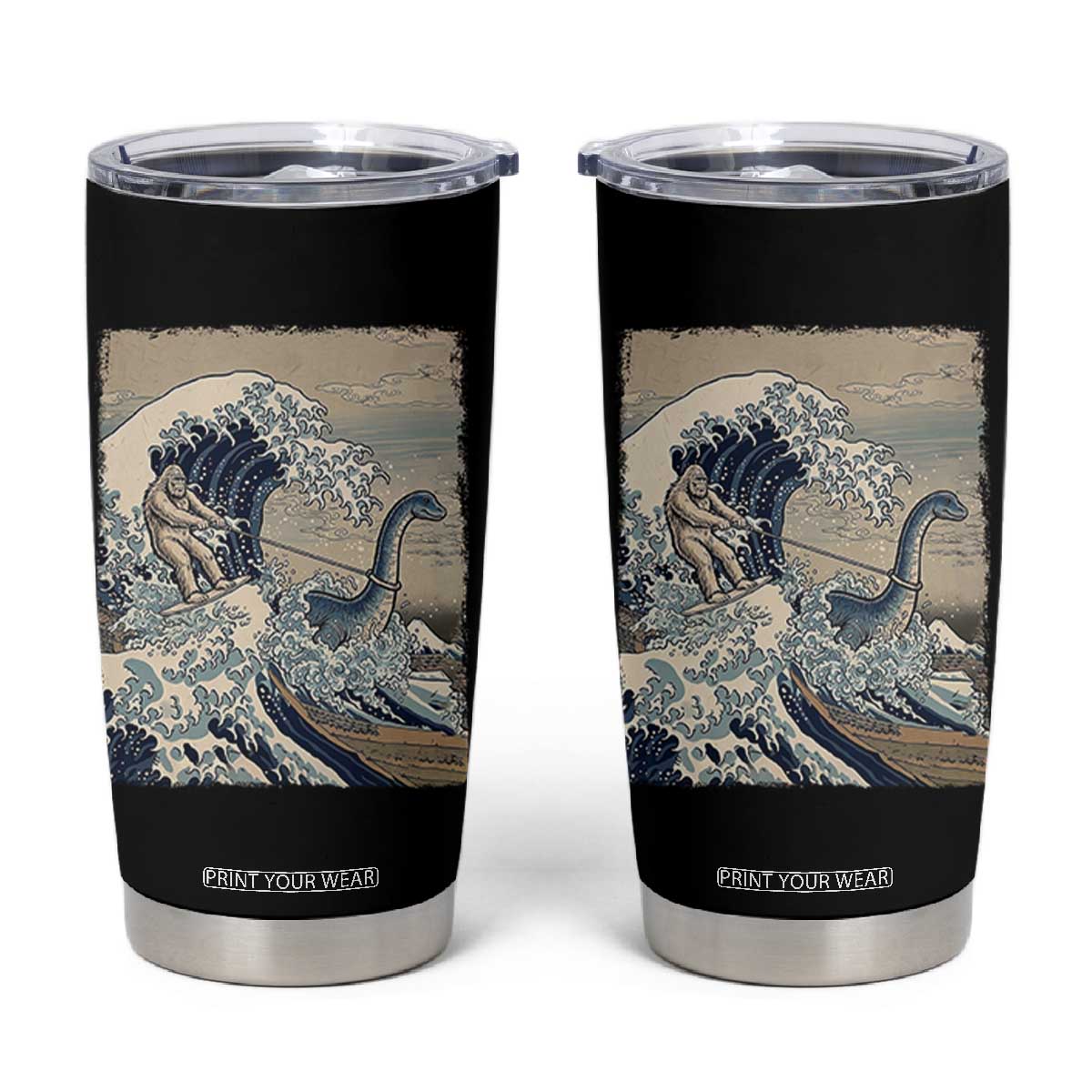 Funny Bigfoot Water Skiing Behind Nessie Tumbler Cup Ukiyoe Inspired Wave Art TS12 Black Print Your Wear