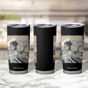 Funny Bigfoot Water Skiing Behind Nessie Tumbler Cup Ukiyoe Inspired Wave Art