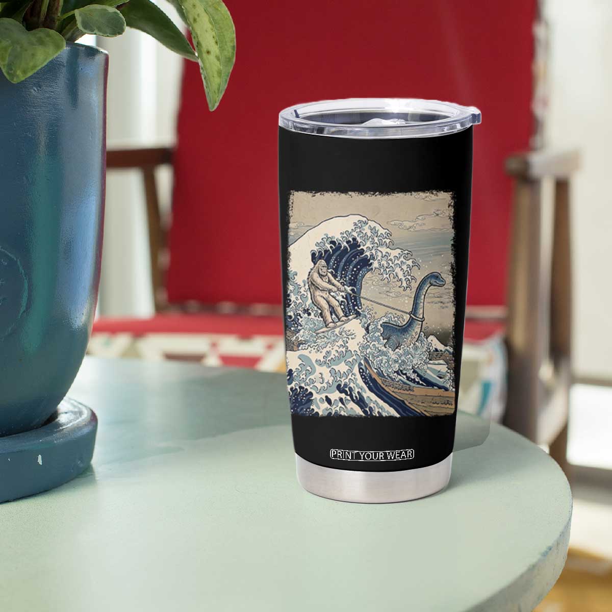 Funny Bigfoot Water Skiing Behind Nessie Tumbler Cup Ukiyoe Inspired Wave Art