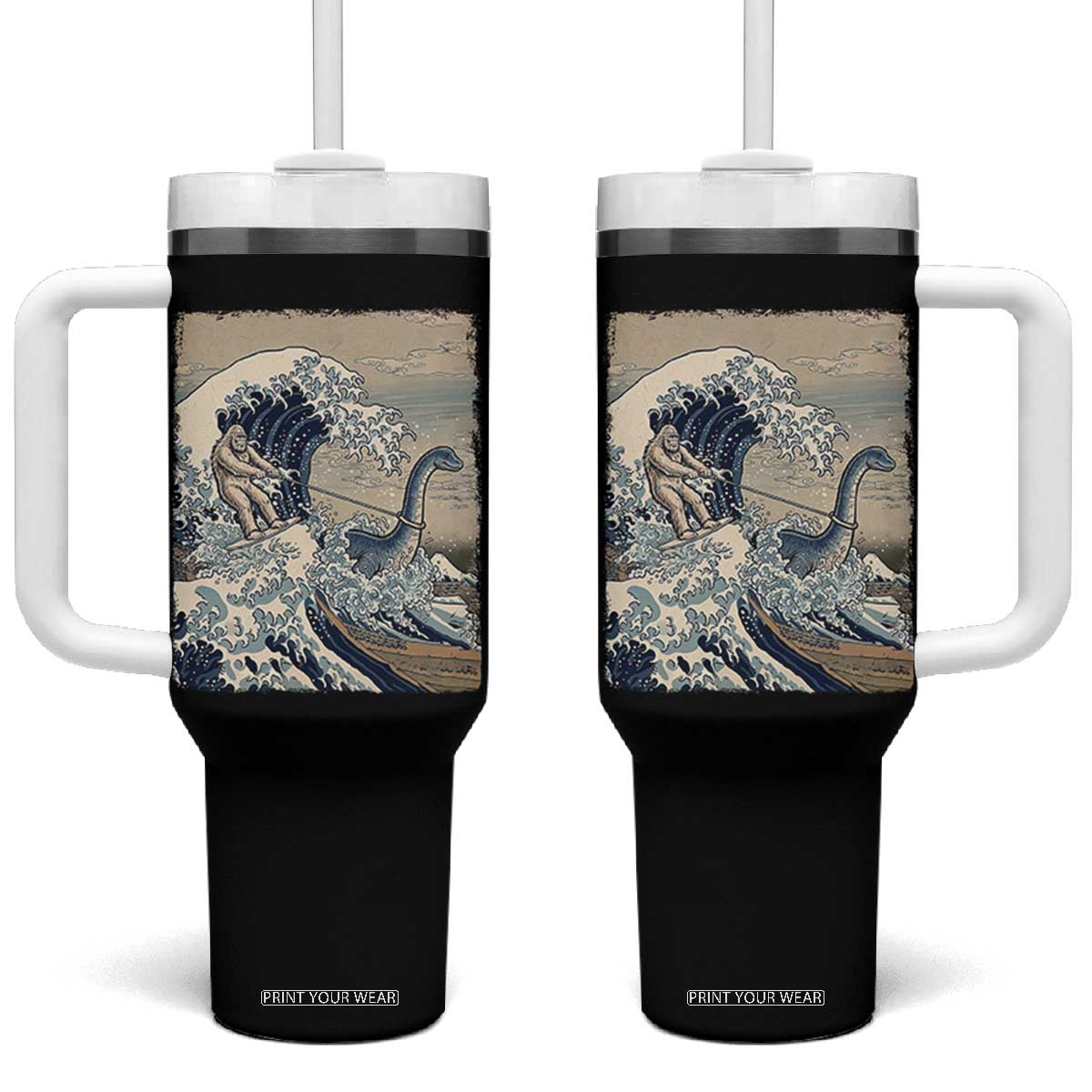 Funny Bigfoot Water Skiing Behind Nessie Tumbler With Handle Ukiyoe Inspired Wave Art