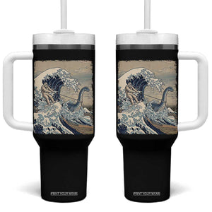 Funny Bigfoot Water Skiing Behind Nessie Tumbler With Handle Ukiyoe Inspired Wave Art