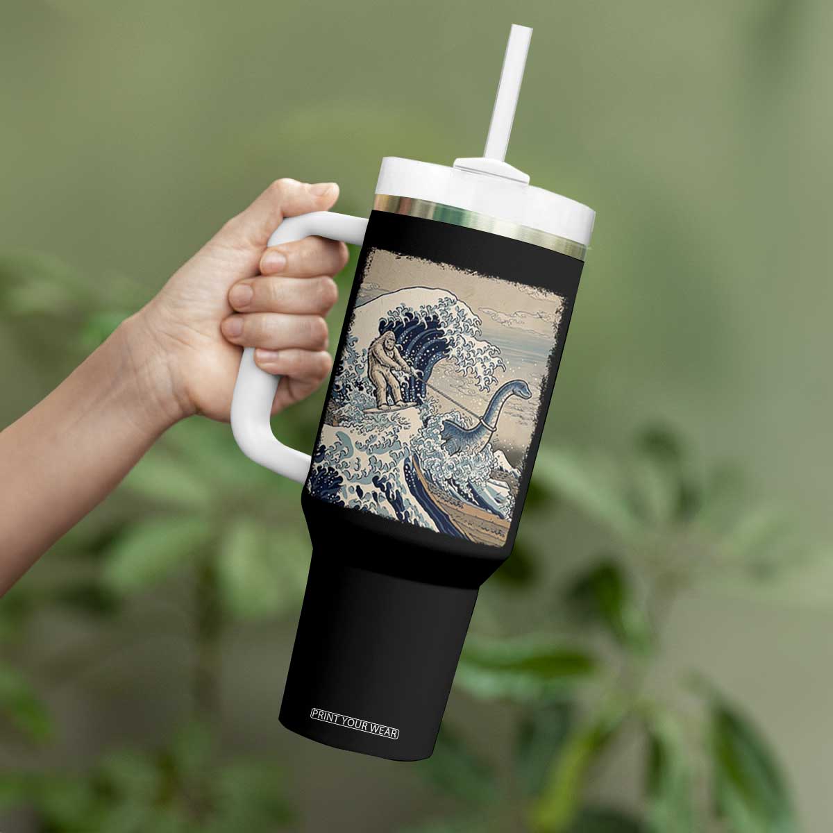 Funny Bigfoot Water Skiing Behind Nessie Tumbler With Handle Ukiyoe Inspired Wave Art
