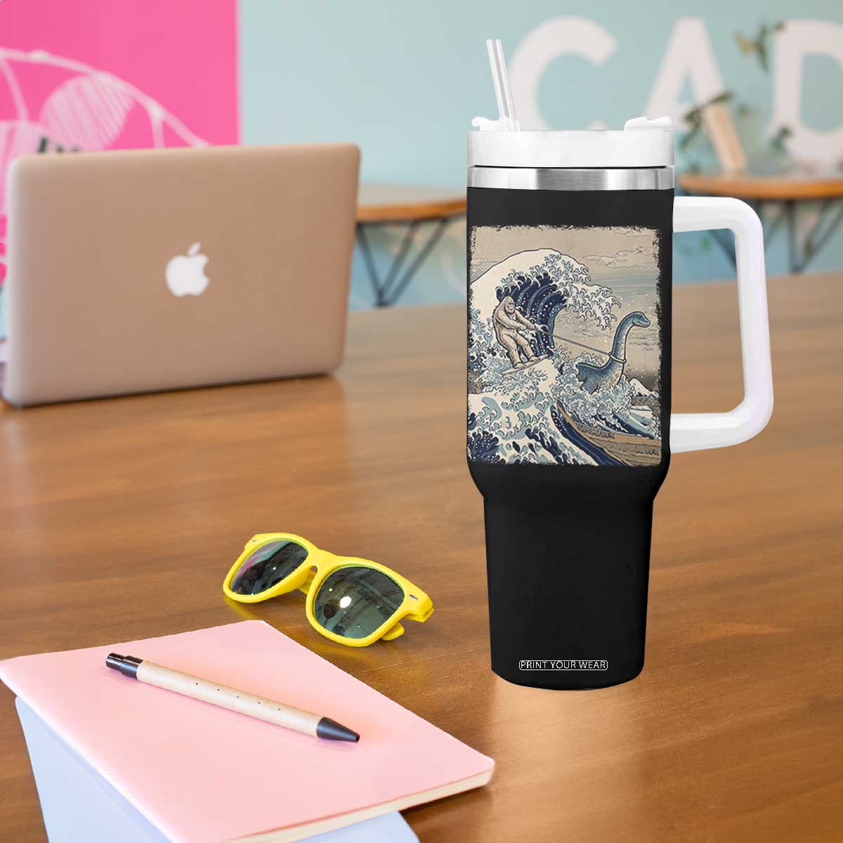 Funny Bigfoot Water Skiing Behind Nessie Tumbler With Handle Ukiyoe Inspired Wave Art