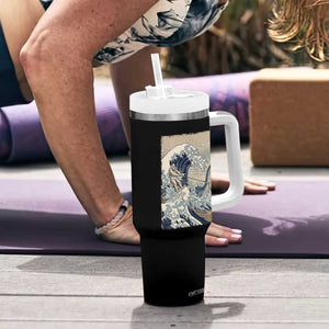 Funny Bigfoot Water Skiing Behind Nessie Tumbler With Handle Ukiyoe Inspired Wave Art