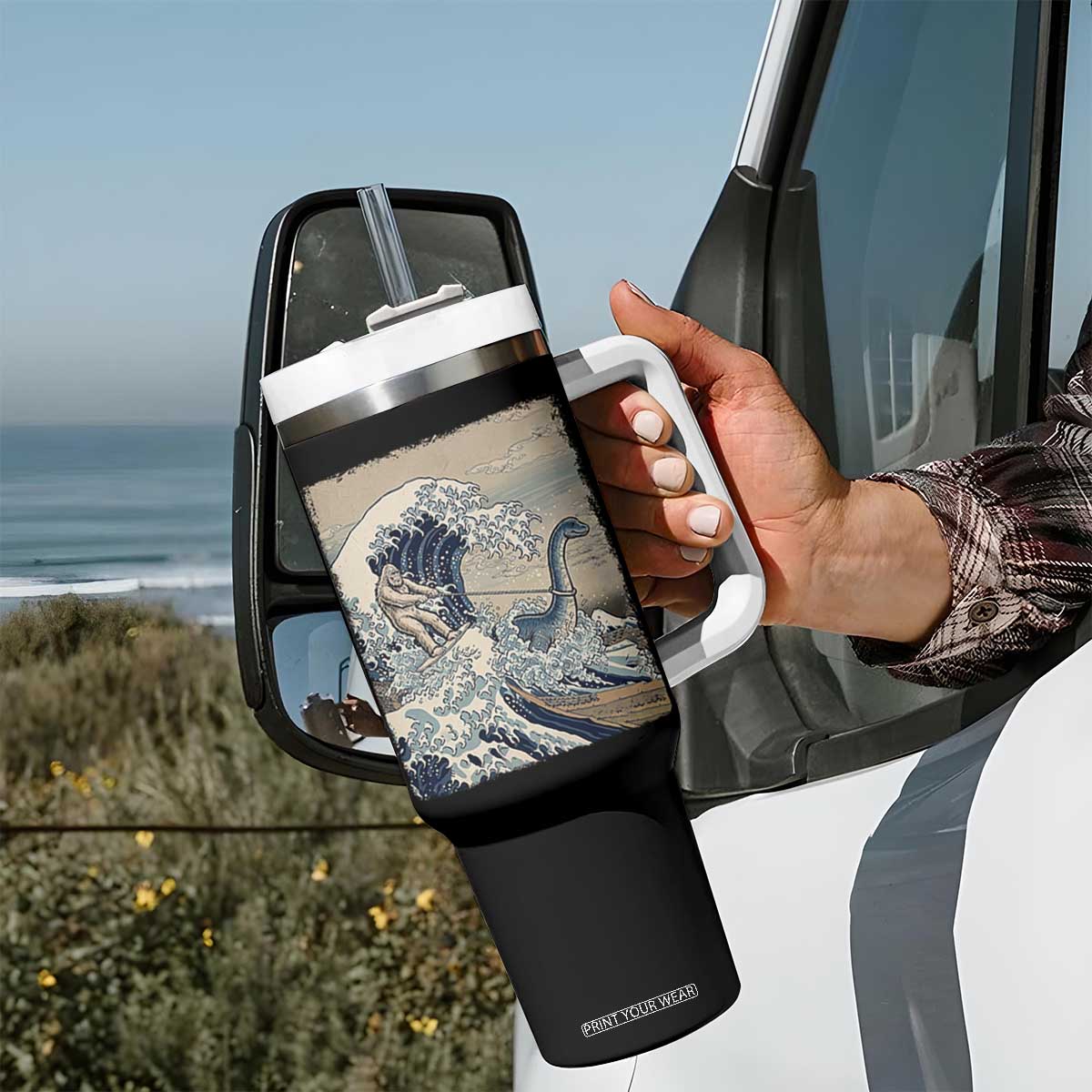 Funny Bigfoot Water Skiing Behind Nessie Tumbler With Handle Ukiyoe Inspired Wave Art