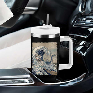Funny Bigfoot Water Skiing Behind Nessie Tumbler With Handle Ukiyoe Inspired Wave Art