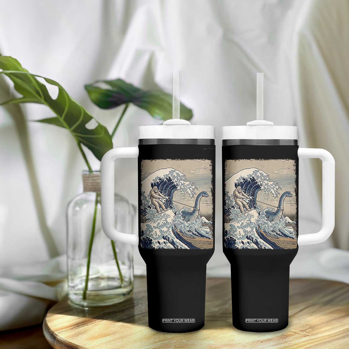 Funny Bigfoot Water Skiing Behind Nessie Tumbler With Handle Ukiyoe Inspired Wave Art