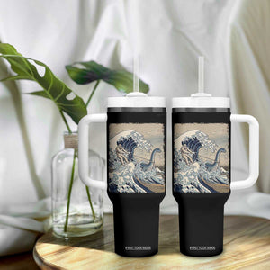Funny Bigfoot Water Skiing Behind Nessie Tumbler With Handle Ukiyoe Inspired Wave Art