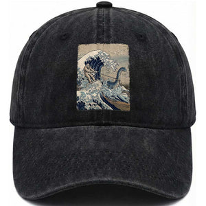 Funny Bigfoot Water Skiing Behind Nessie Washed Cotton Baseball Cap Ukiyoe Inspired Wave Art