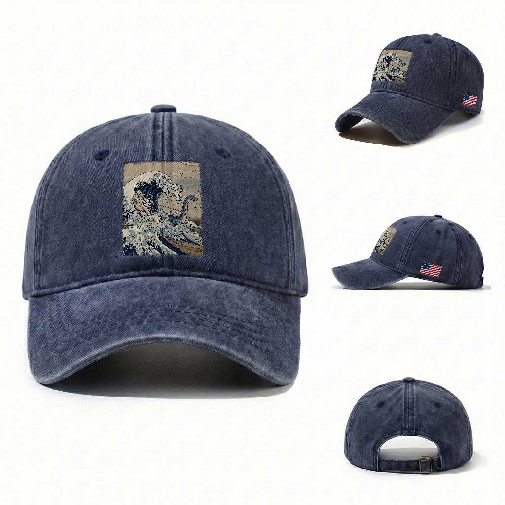 Funny Bigfoot Water Skiing Behind Nessie Washed Cotton Baseball Cap Ukiyoe Inspired Wave Art