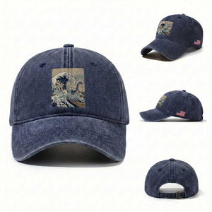 Funny Bigfoot Water Skiing Behind Nessie Washed Cotton Baseball Cap Ukiyoe Inspired Wave Art