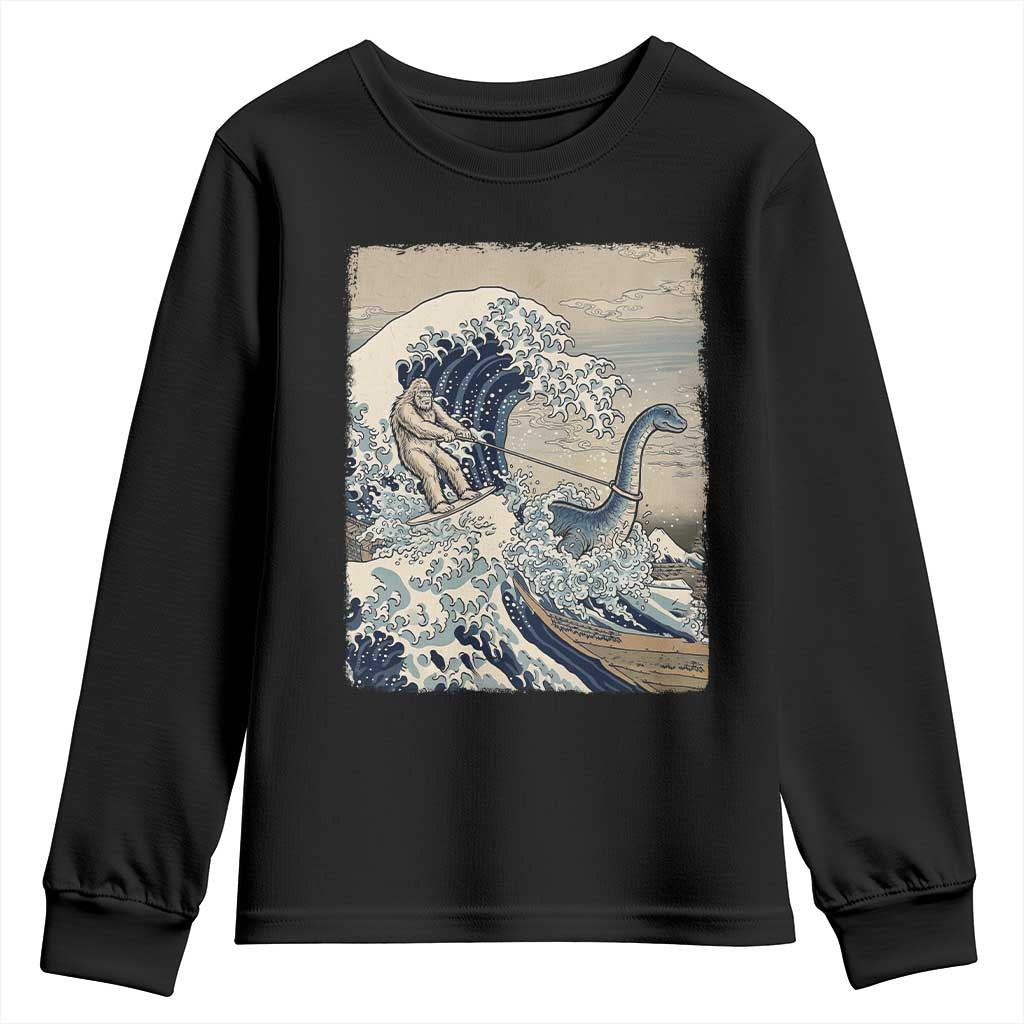 Funny Bigfoot Water Skiing Behind Nessie Youth Sweatshirt Ukiyoe Inspired Wave Art TS12 Black Print Your Wear
