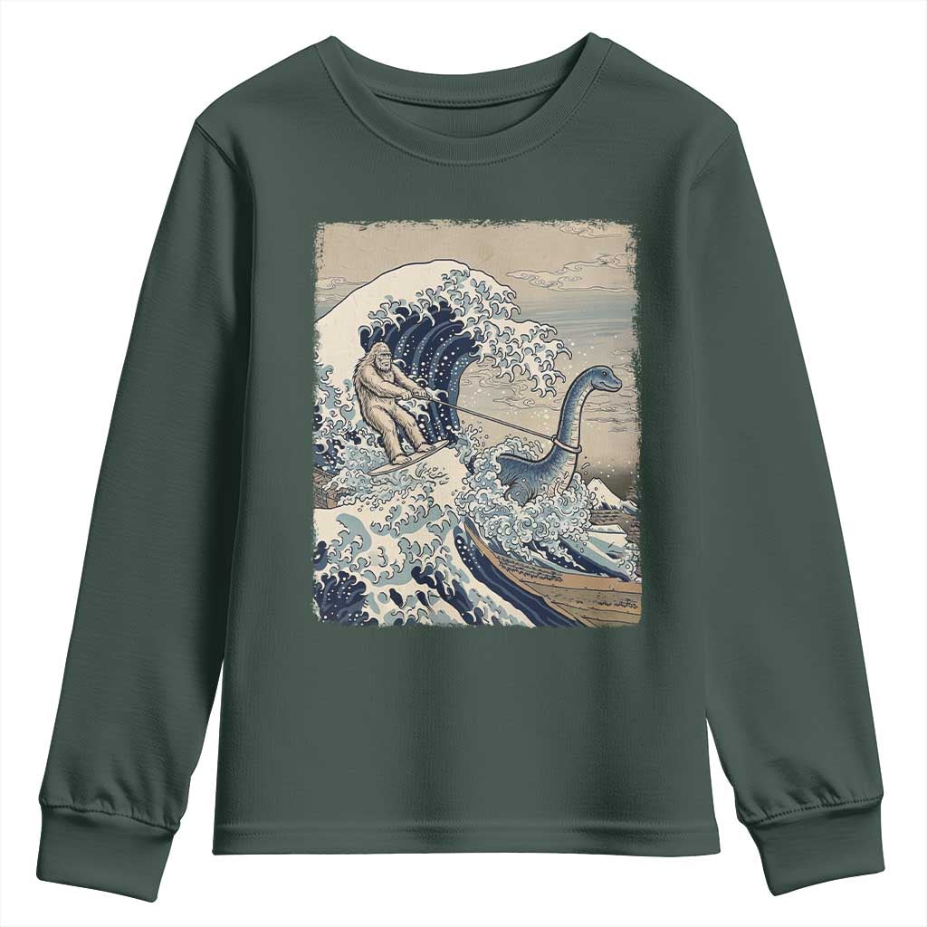 Funny Bigfoot Water Skiing Behind Nessie Youth Sweatshirt Ukiyoe Inspired Wave Art