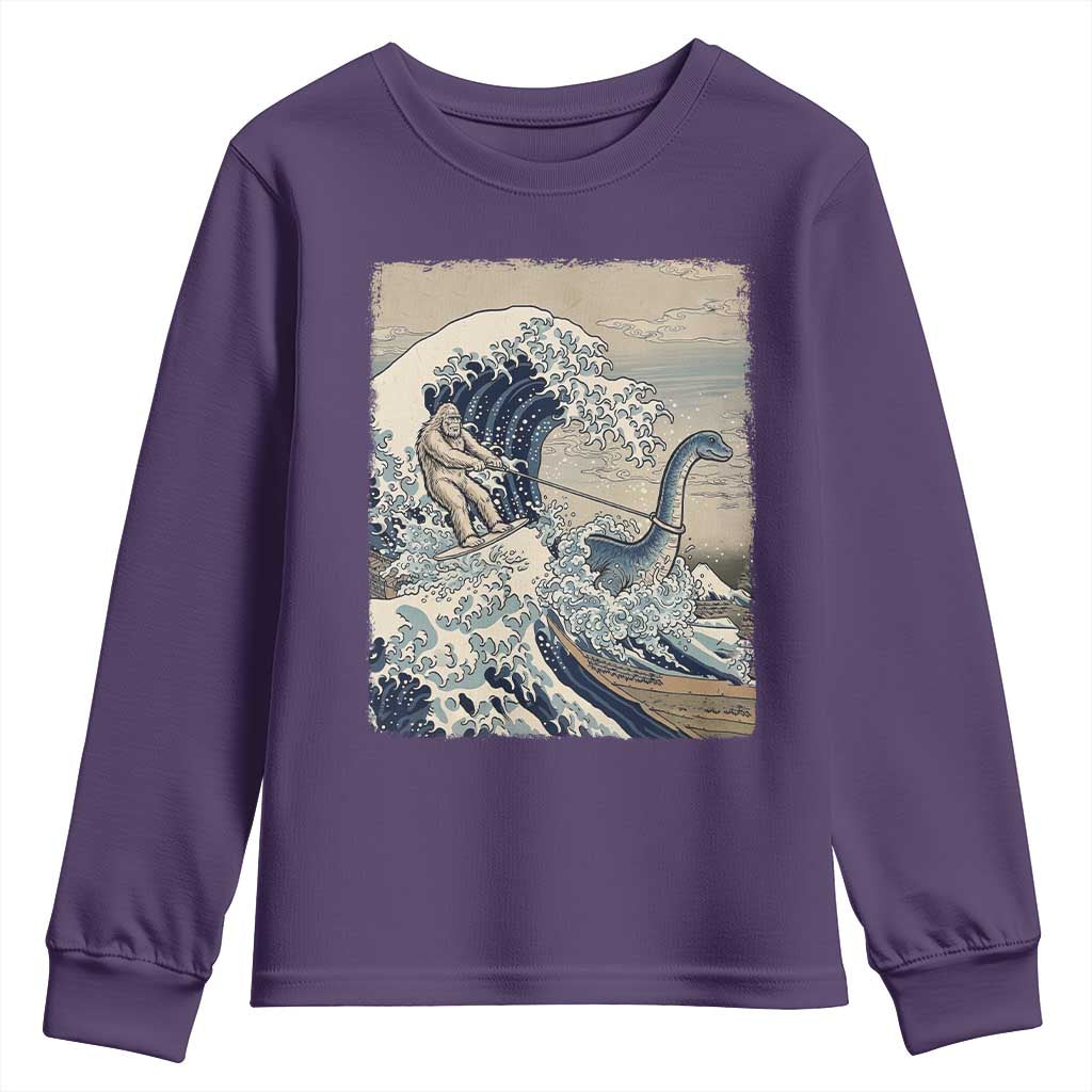Funny Bigfoot Water Skiing Behind Nessie Youth Sweatshirt Ukiyoe Inspired Wave Art
