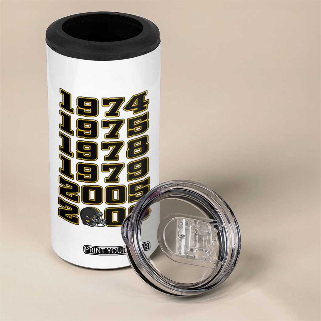 Six Historic Championship Seasons 4 in 1 Can Cooler Tumbler Vintage Football Fan Graphic